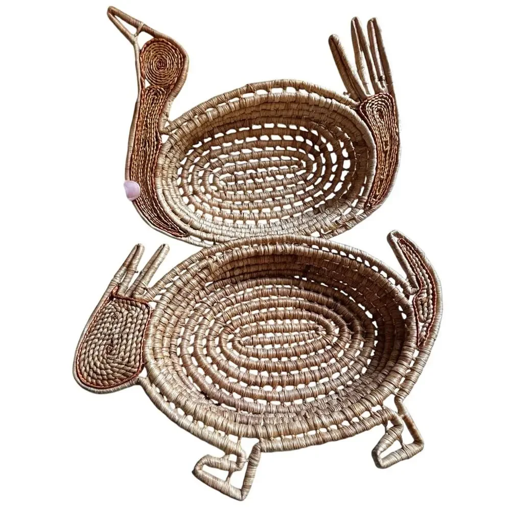 Two Gullah style handmade shaped shallow woven baskets Bunny & Turkey theme